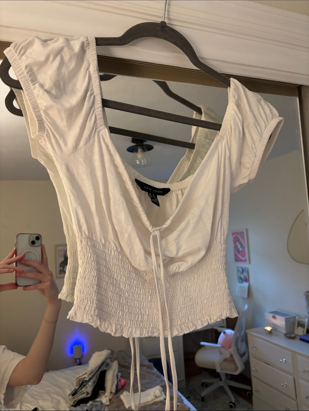 New Look Off-White Smocked Tie-Front Crop Top